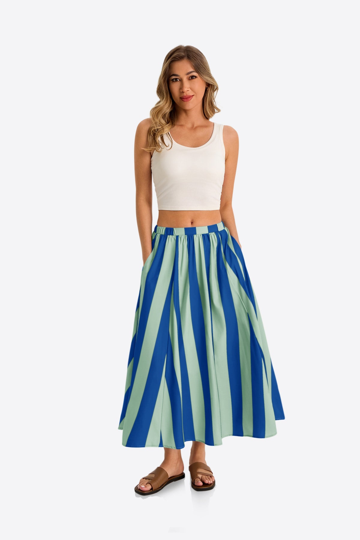 Womens Light Green Summer Striped Maxi Skirts | CicyBell