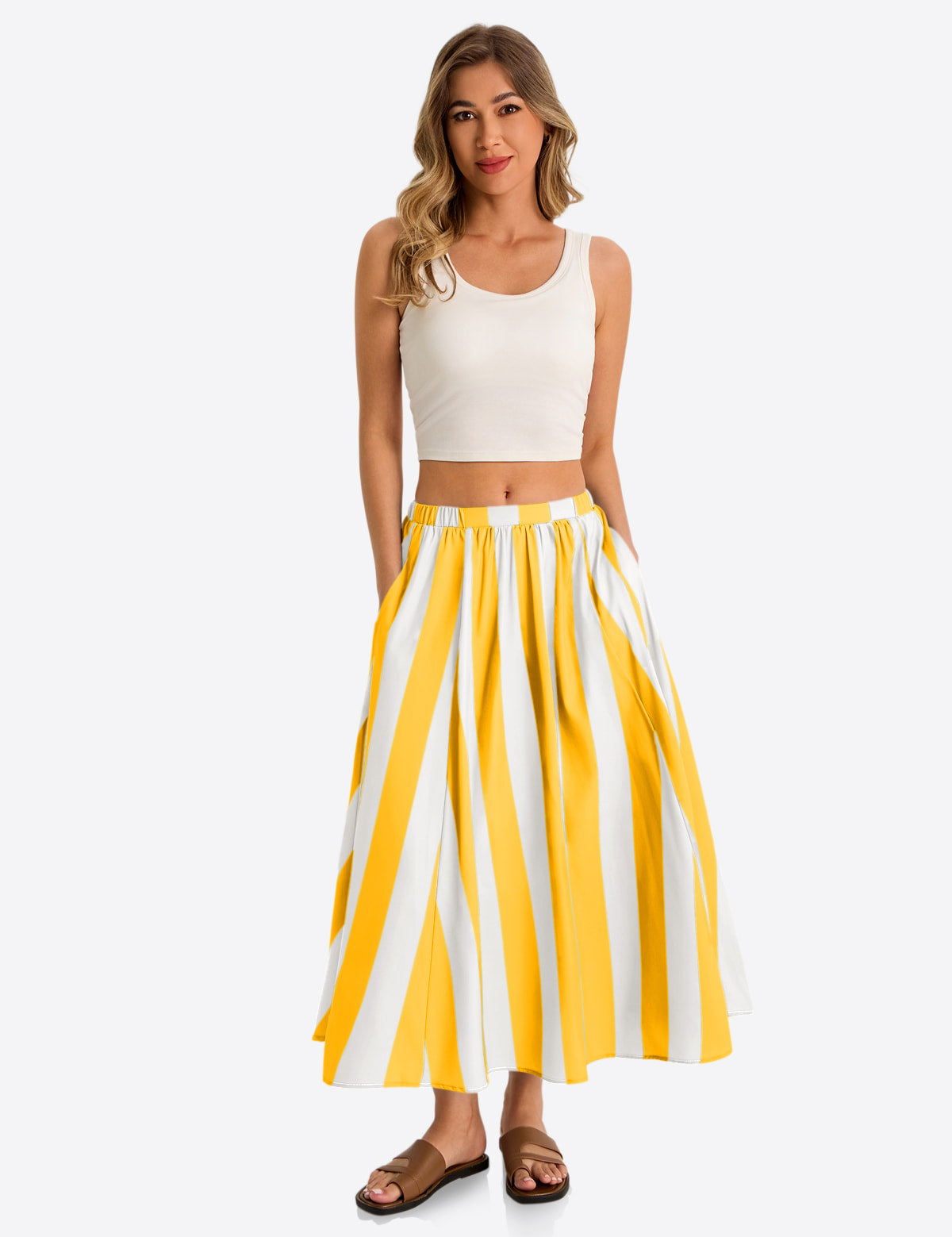 Womens Yellow Summer Striped Maxi Skirts 1