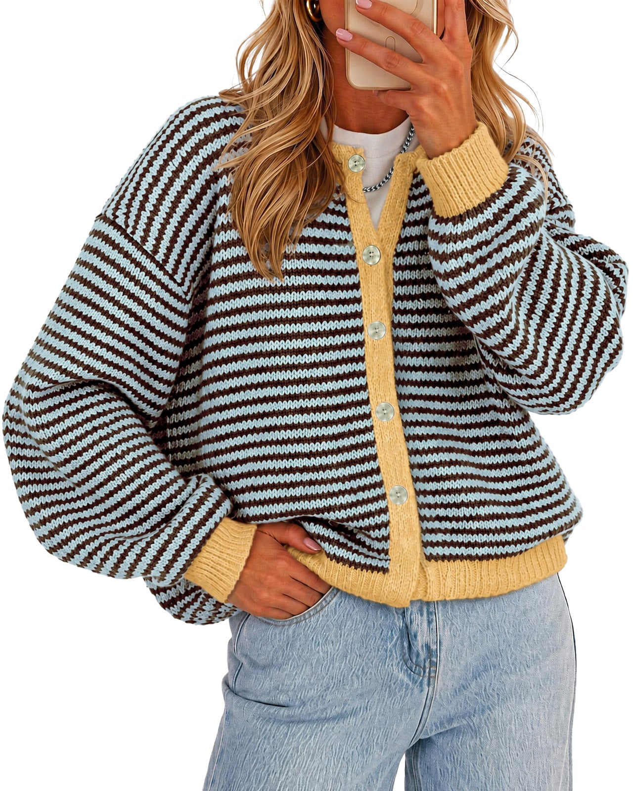Womens Coffee Striped Cardigan Sweaters | CicyBell