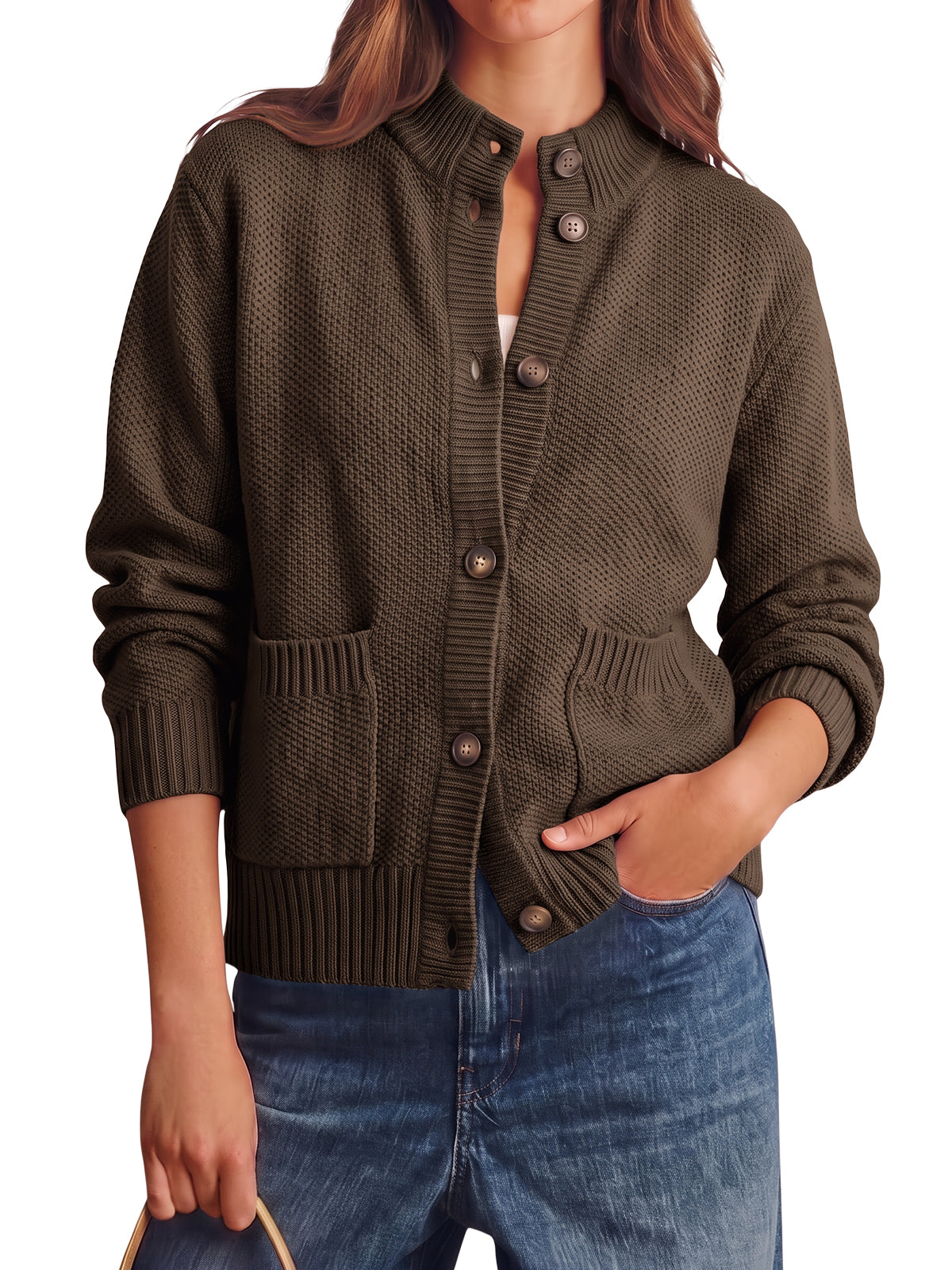 Womens Coffee Chunky Sweaters Cardigan | CicyBell