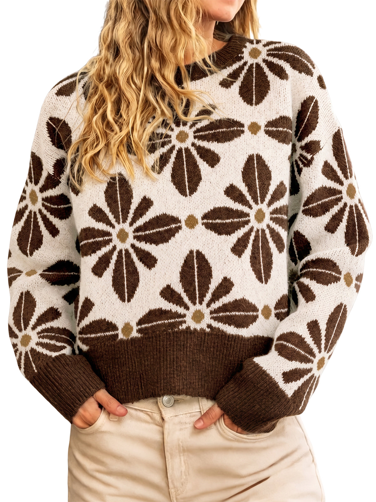 Womens Coffee Long Sleeve Floral Sweater | CicyBell