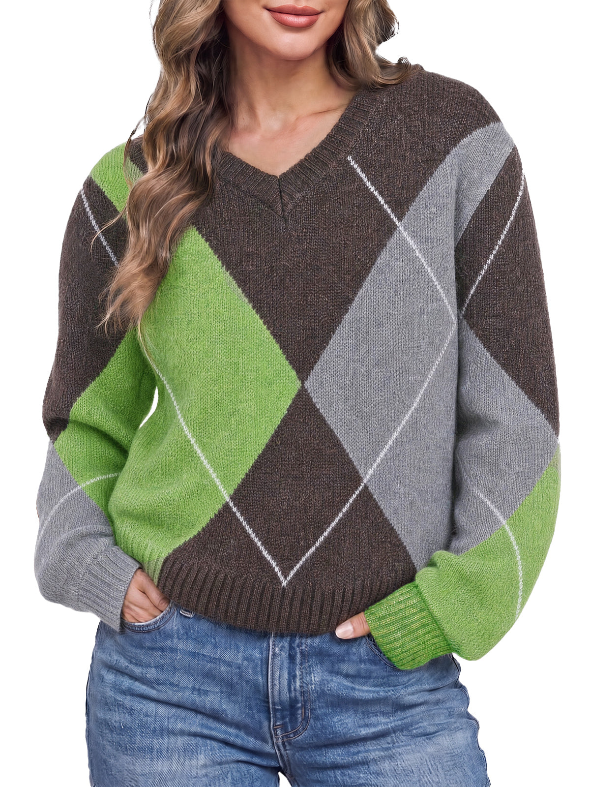 Womens Coffee V Neck Argyle Sweaters| CicyBell