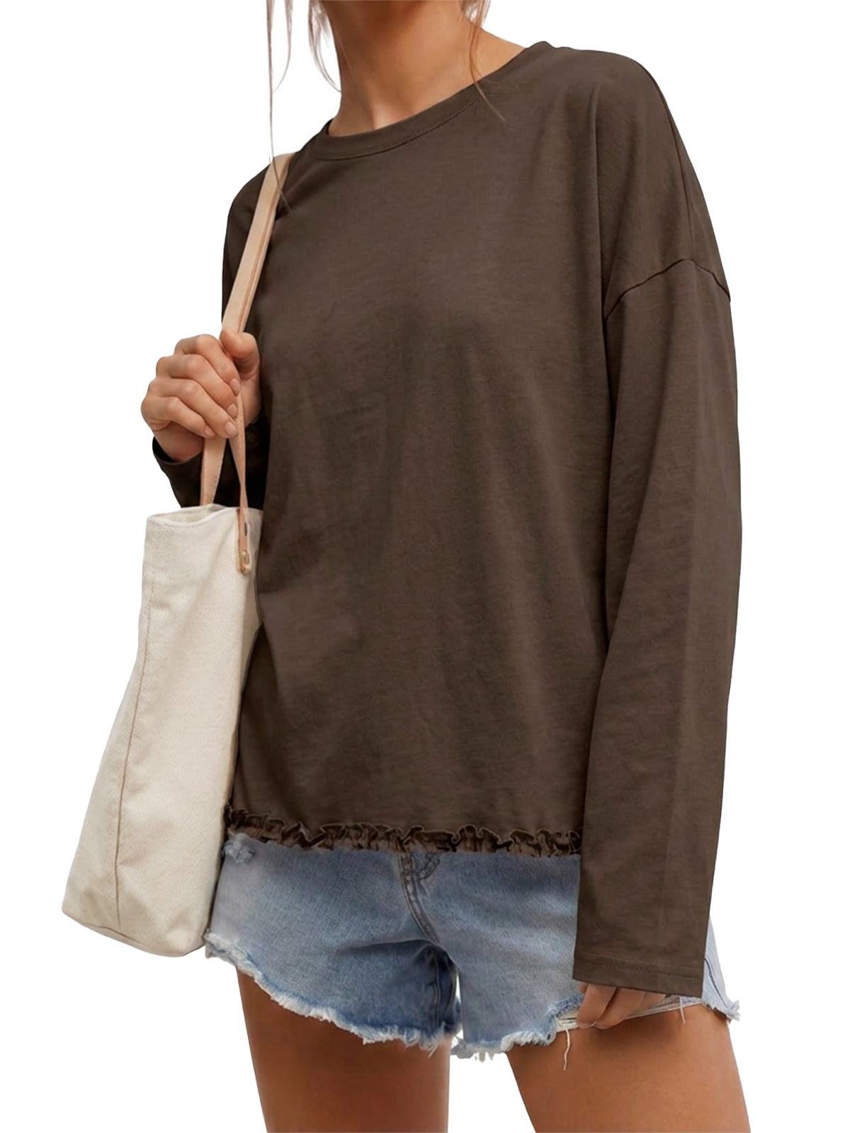 Womens Coffee Oversized Ruffle Hem Tops | CicyBell