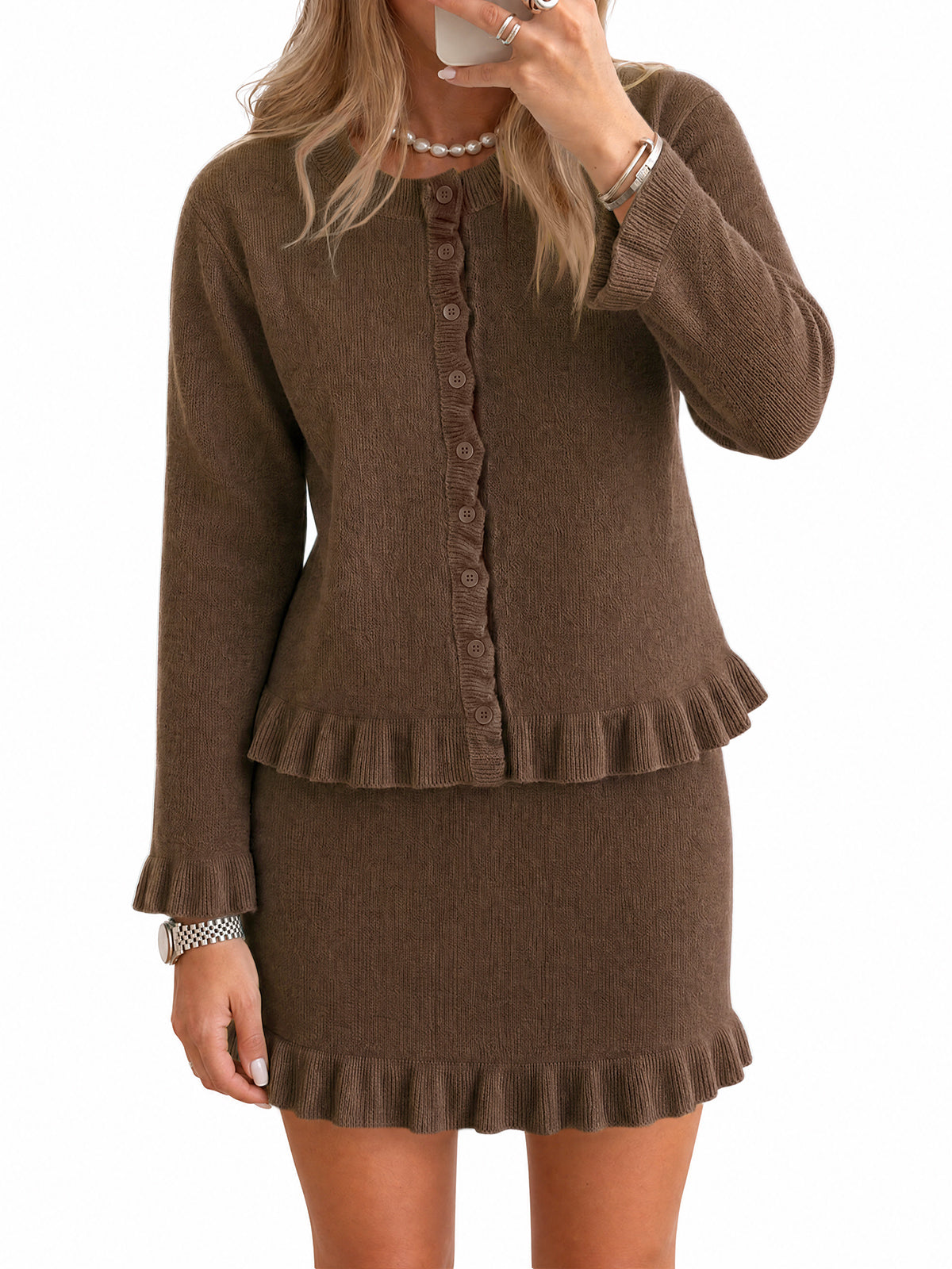 Womens Coffee 2 Piece Sweater Skirt Set | CicyBell