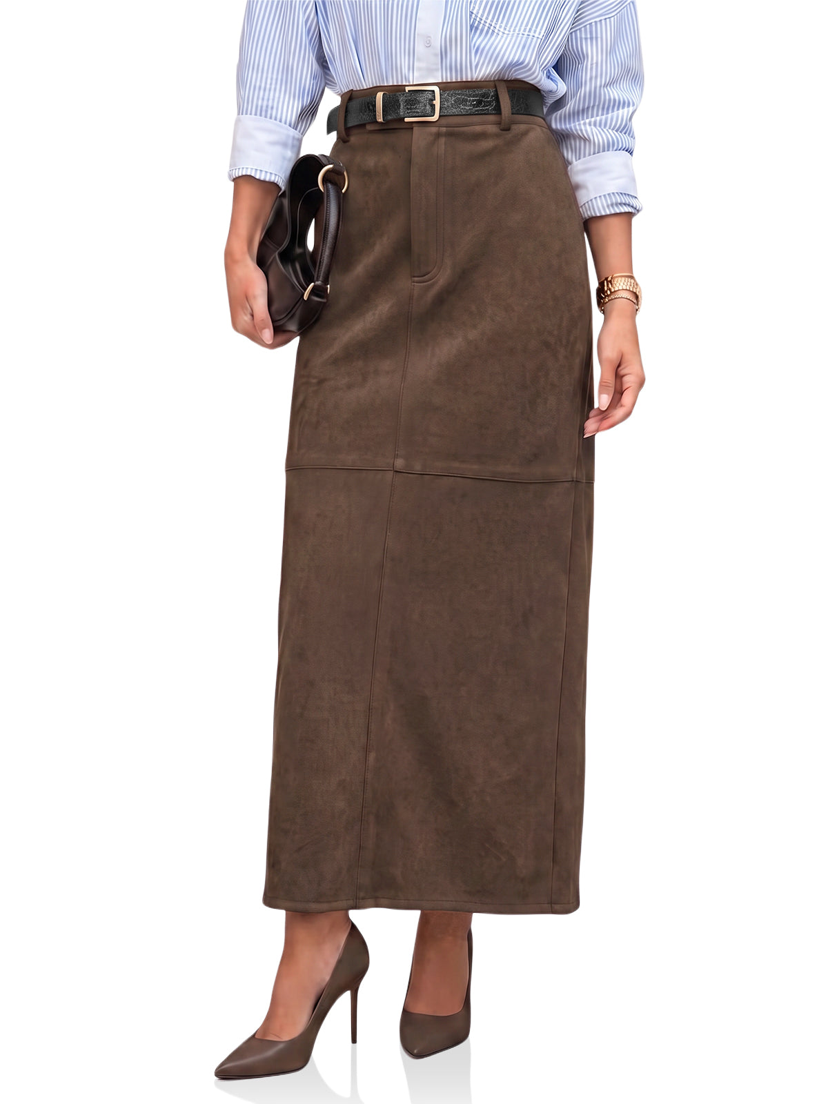Womens Coffee Suede Maxi Skirt | CicyBell