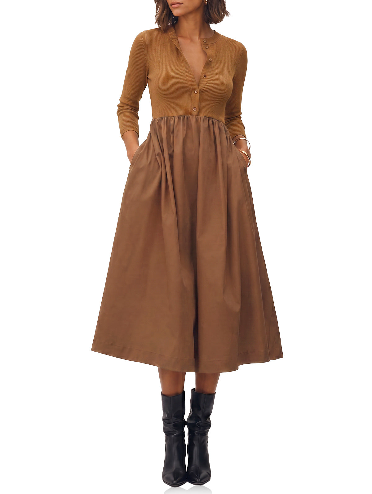Womens Coffee Long Sleeve A-Line Midi Dress| CicyBell