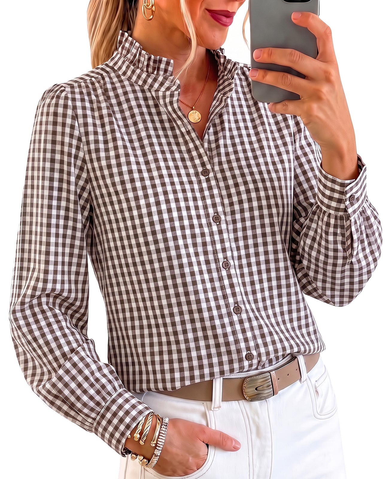 Womens Coffee Plaid Button Down Shirts | CicyBell