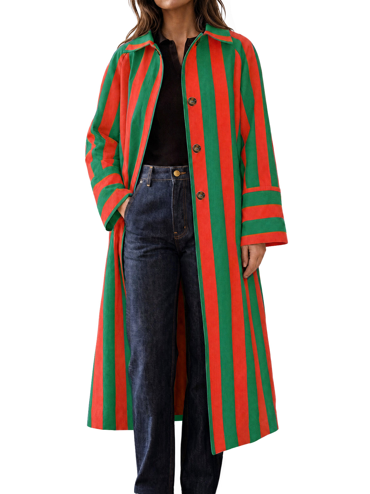 Womens Orange&Red Striped Long Trench Coats | CicyBell