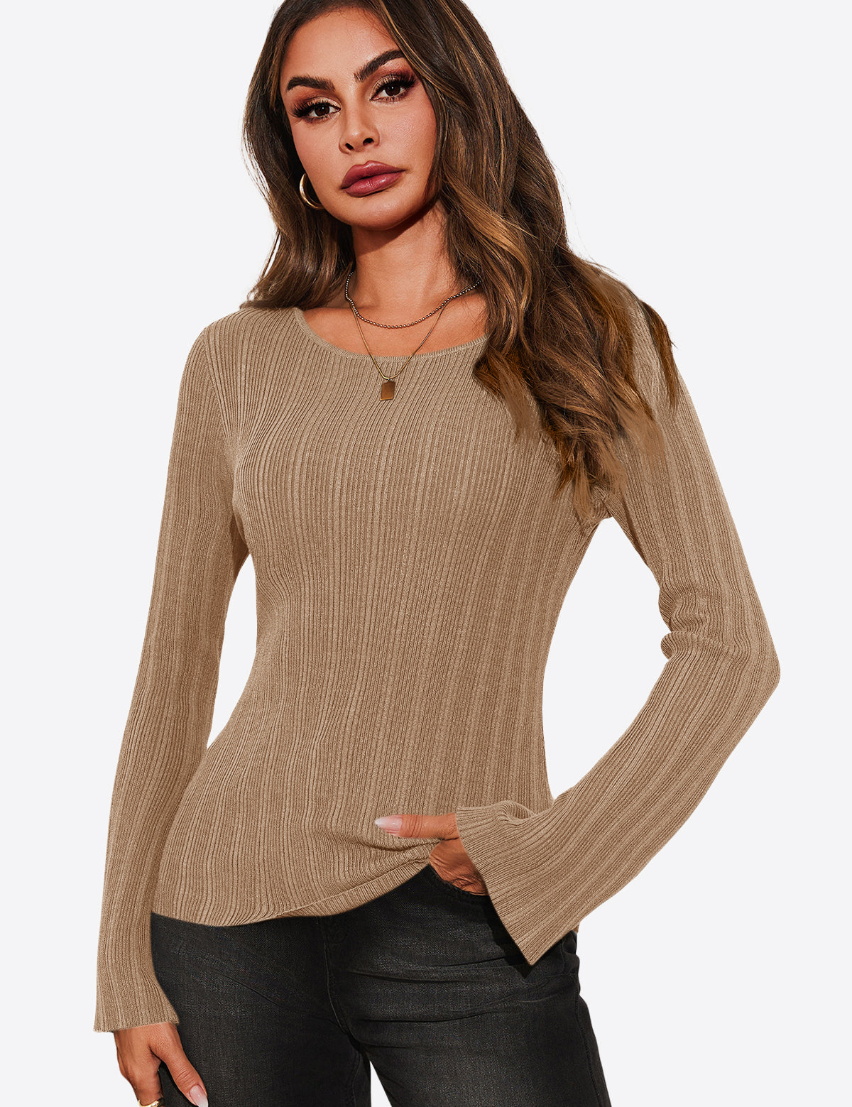 Womens Apricot Long Sleeve Knit Tops 1