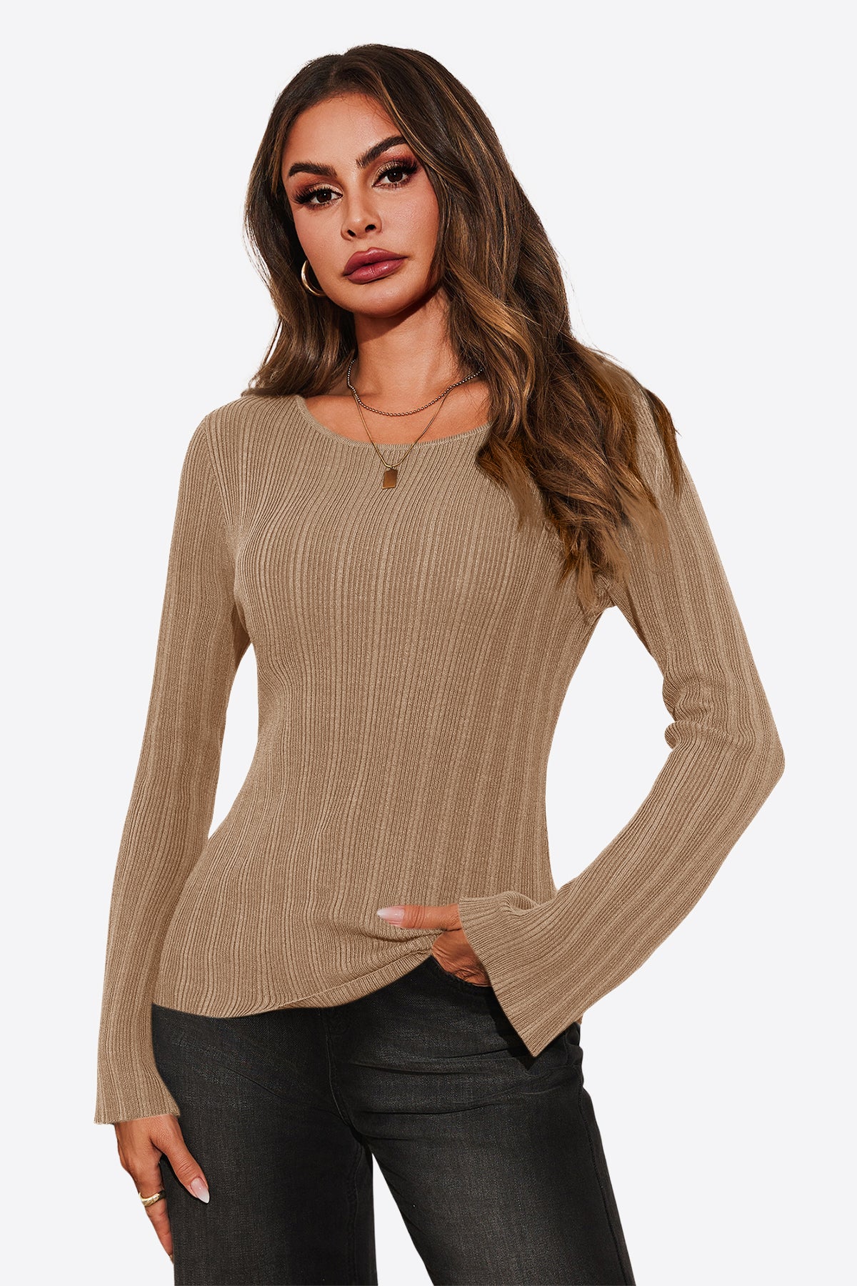Womens Apricot Long Sleeve Knit Tops 1