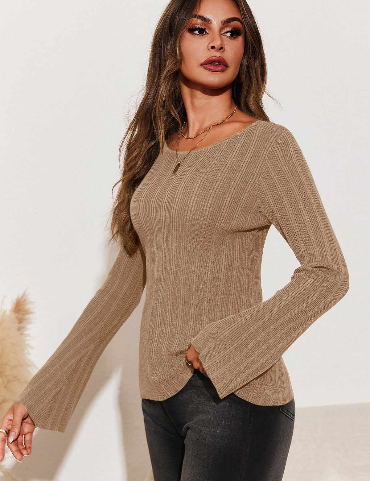 Womens Apricot Long Sleeve Knit Tops 2