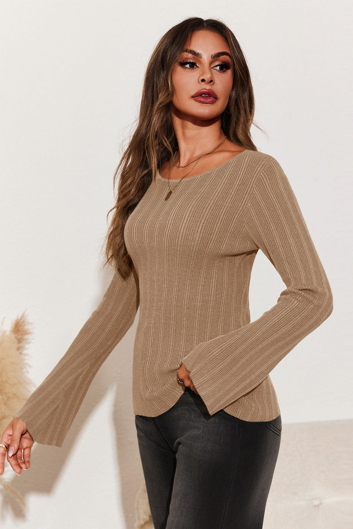 Womens Apricot Long Sleeve Knit Tops 2