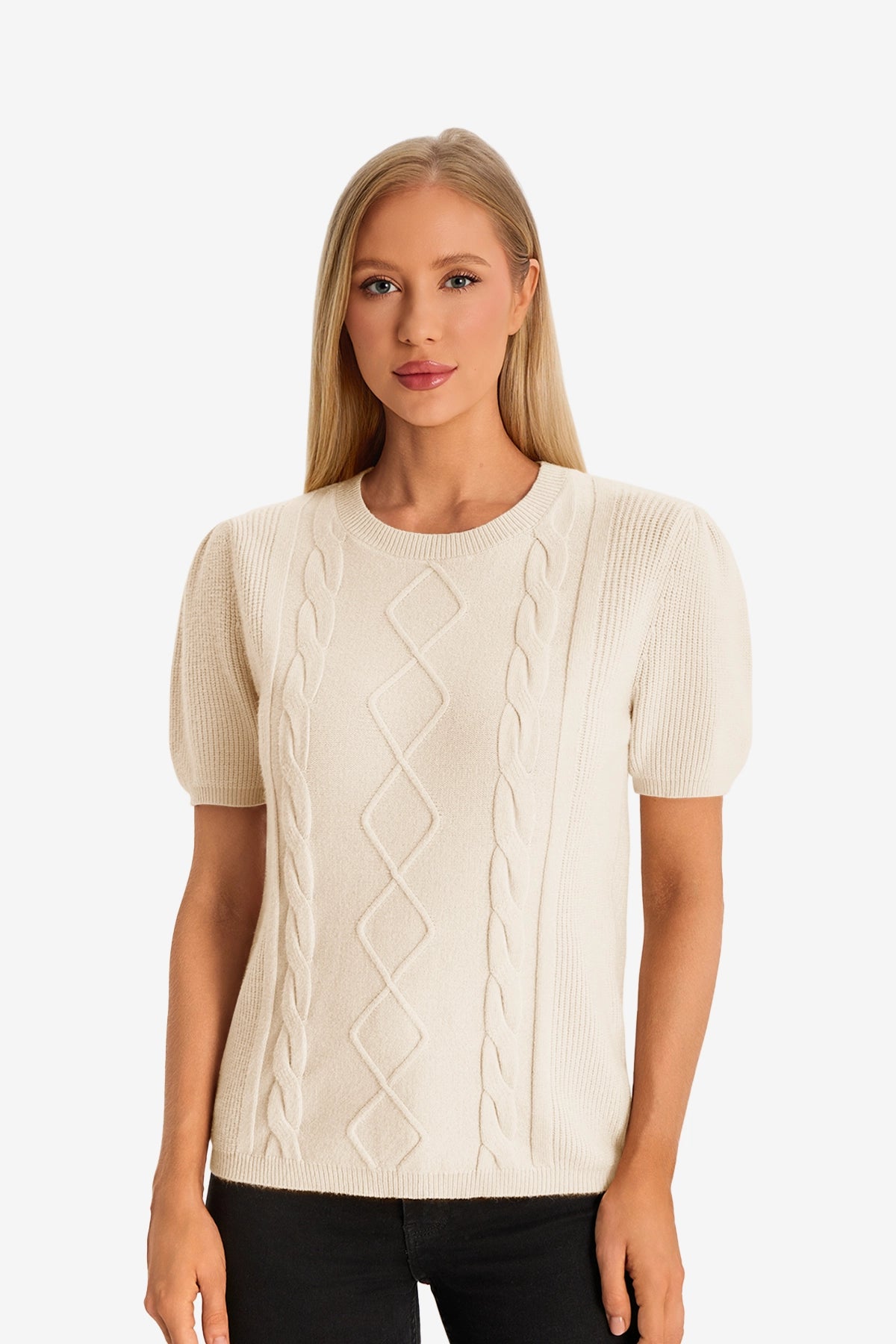 Womens Apricot Puff Short Sleeve Sweater  1