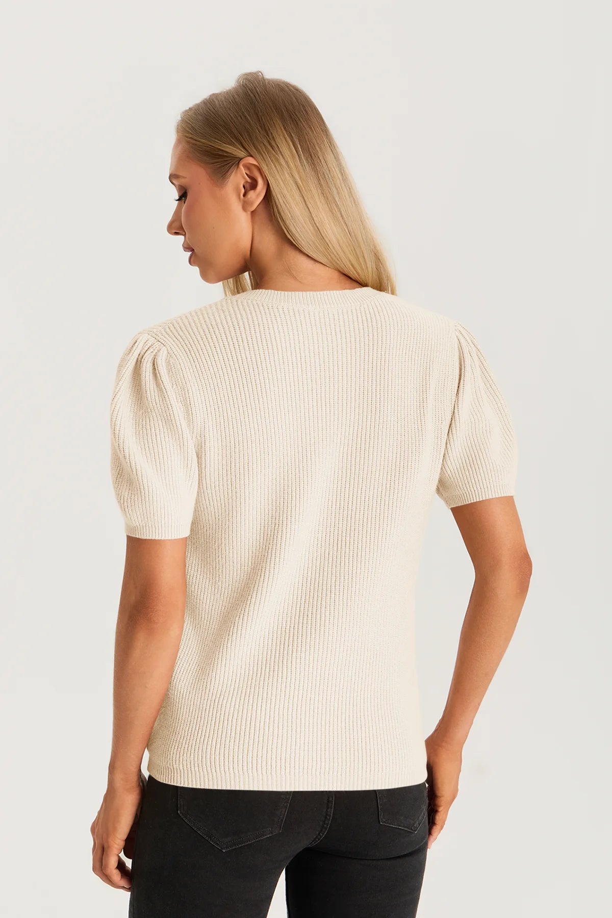 Womens Apricot Puff Short Sleeve Sweater  2