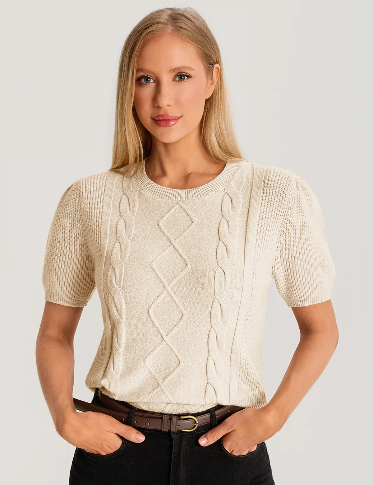 Womens Apricot Puff Short Sleeve Sweater  3