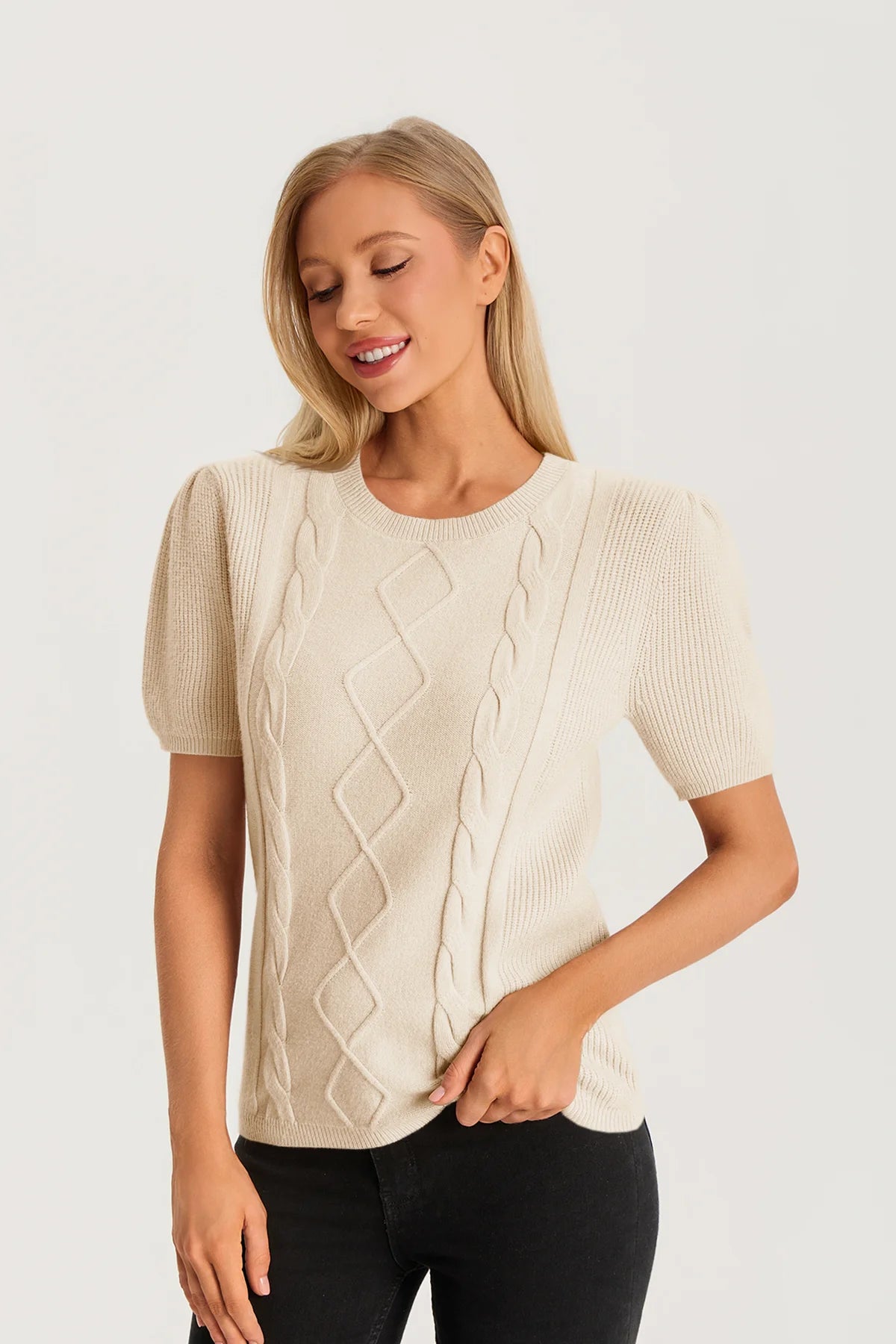 Womens Apricot Puff Short Sleeve Sweater | CicyBell