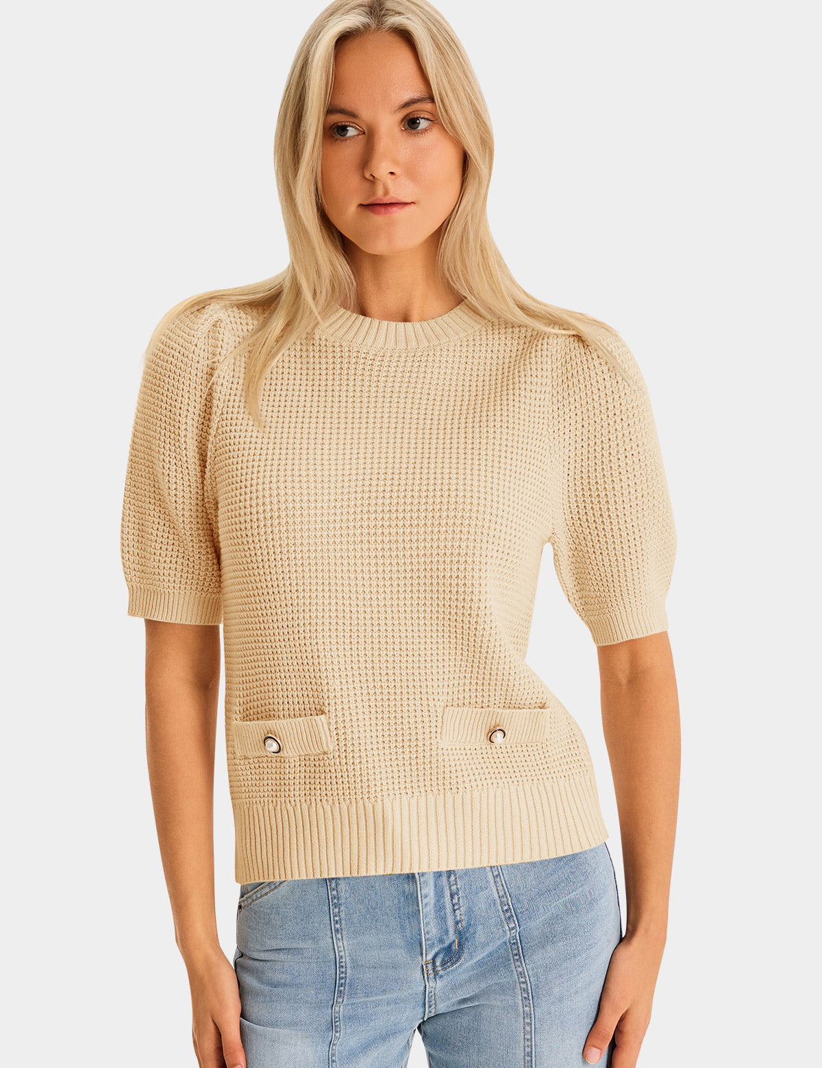 Womens Apricot Puff Short Sleeve Sweaters Tops 2