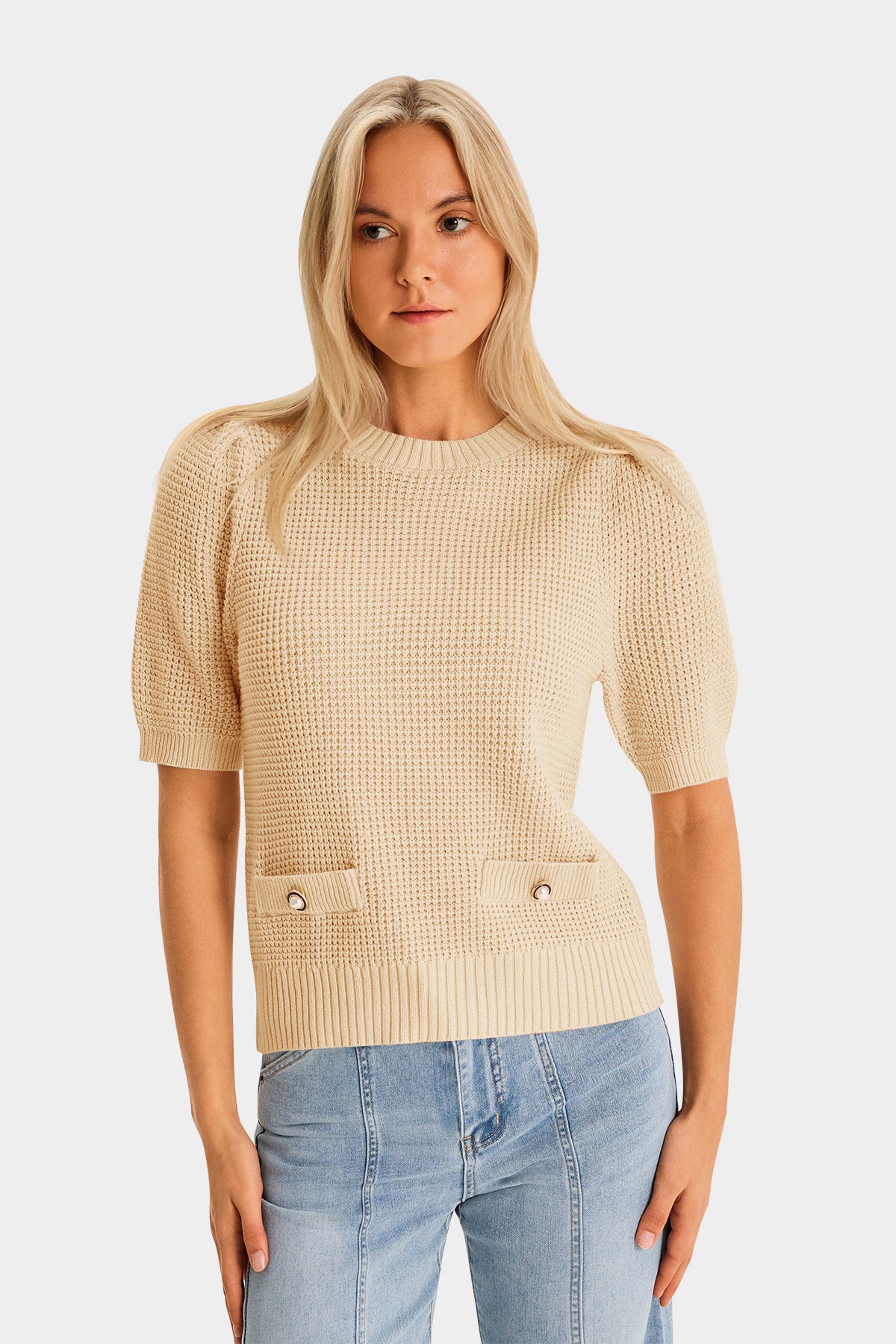 Womens Apricot Puff Short Sleeve Sweaters Tops 2