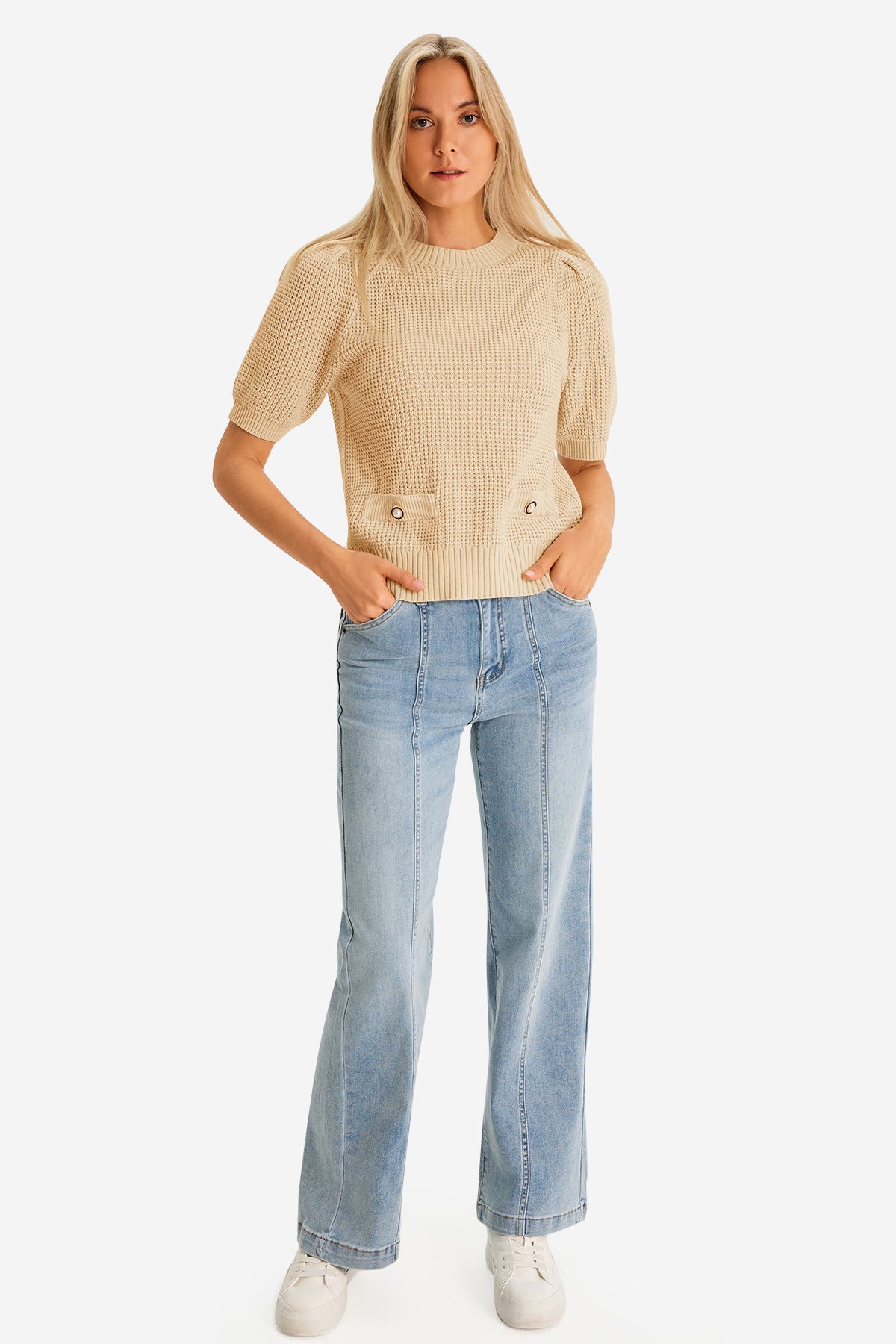 Womens Apricot Puff Short Sleeve Sweaters Tops | CicyBell