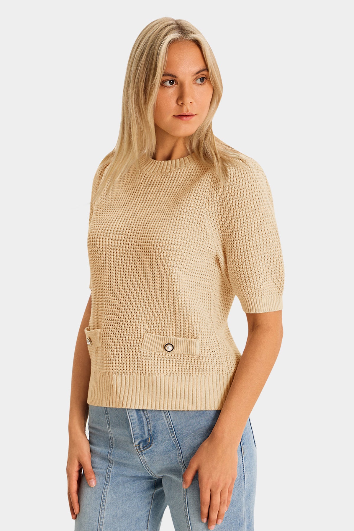 Womens Apricot Puff Short Sleeve Sweaters Tops 3