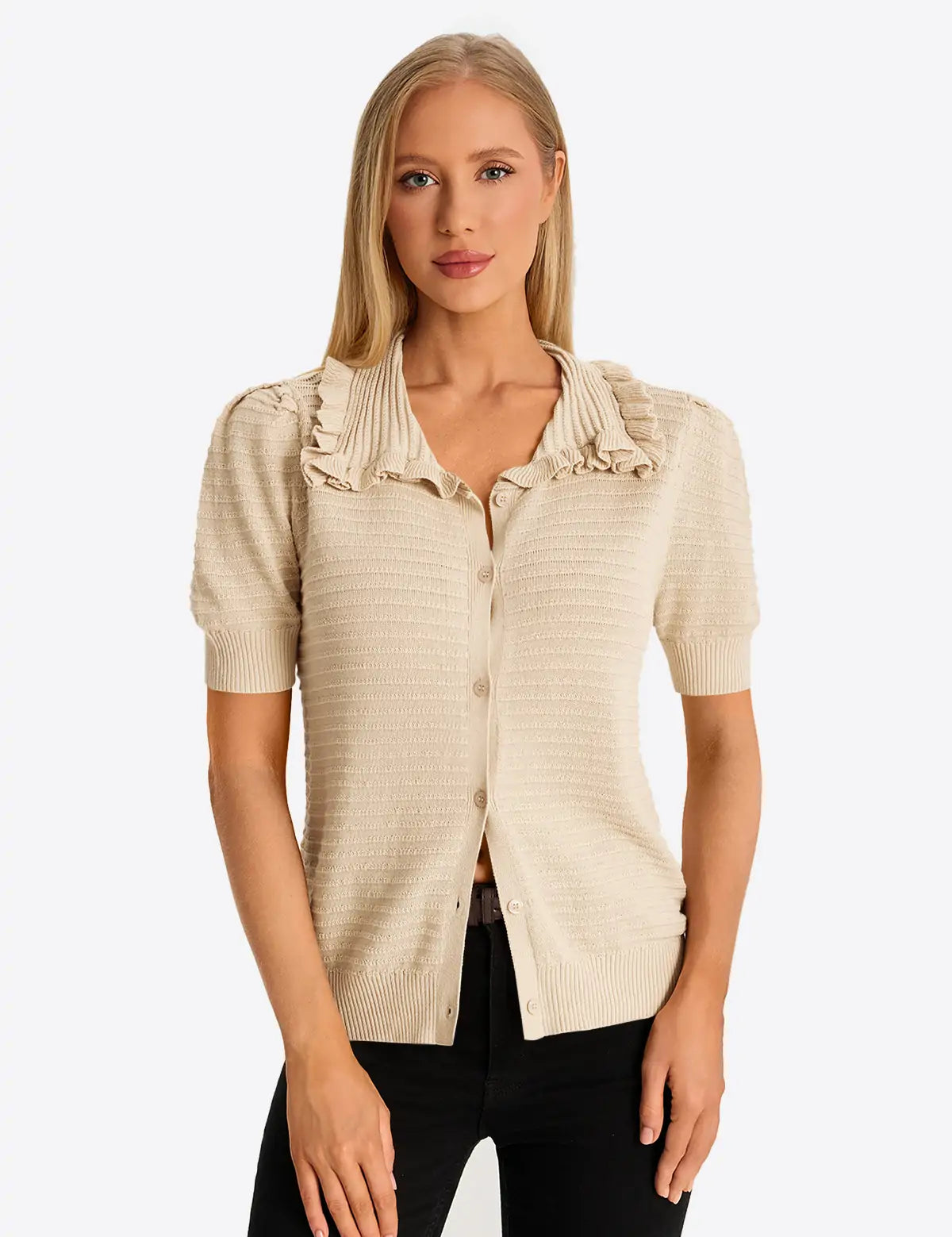 Apricot Ruffle Peter Pan Collar Cardigan Sweater 1