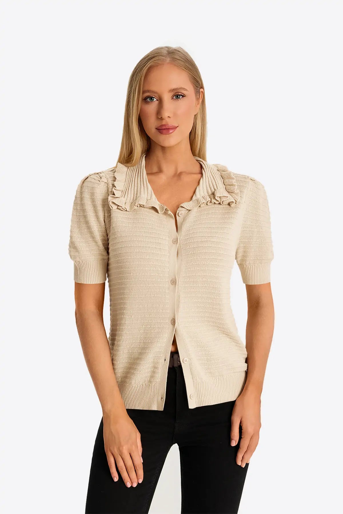 Apricot Ruffle Peter Pan Collar Cardigan Sweater 1