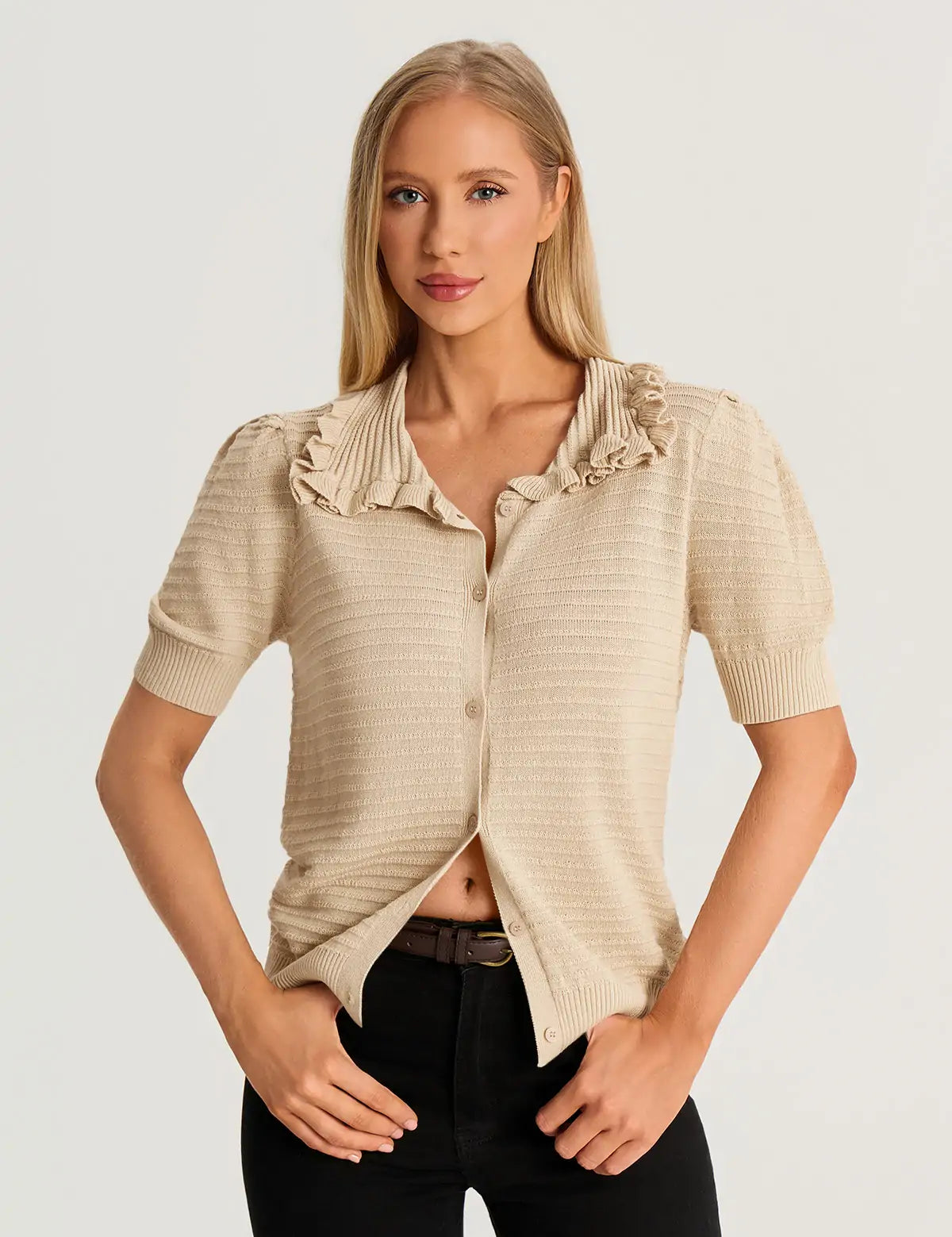 Apricot Ruffle Peter Pan Collar Cardigan Sweater 2