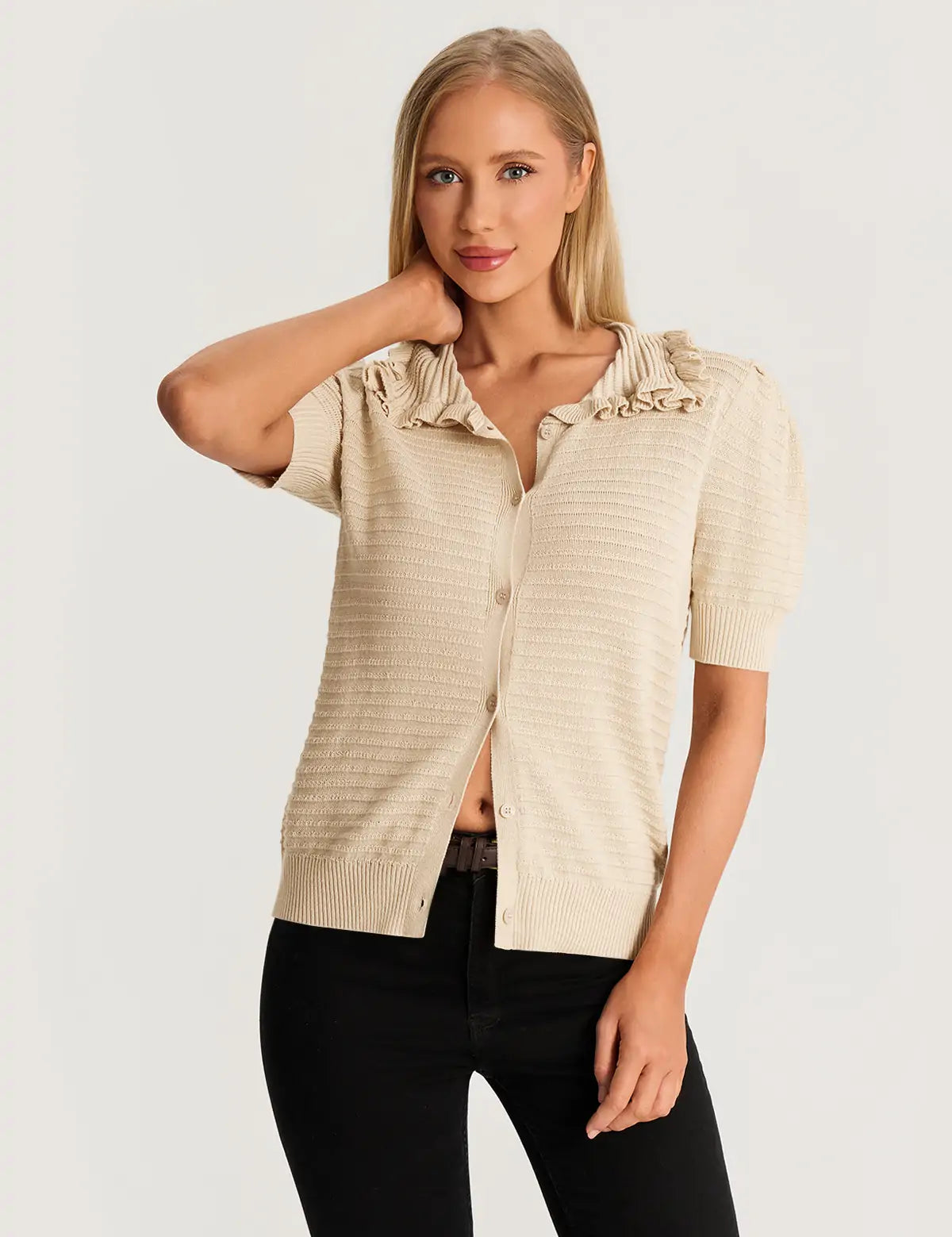 Apricot Ruffle Peter Pan Collar Cardigan Sweater 3
