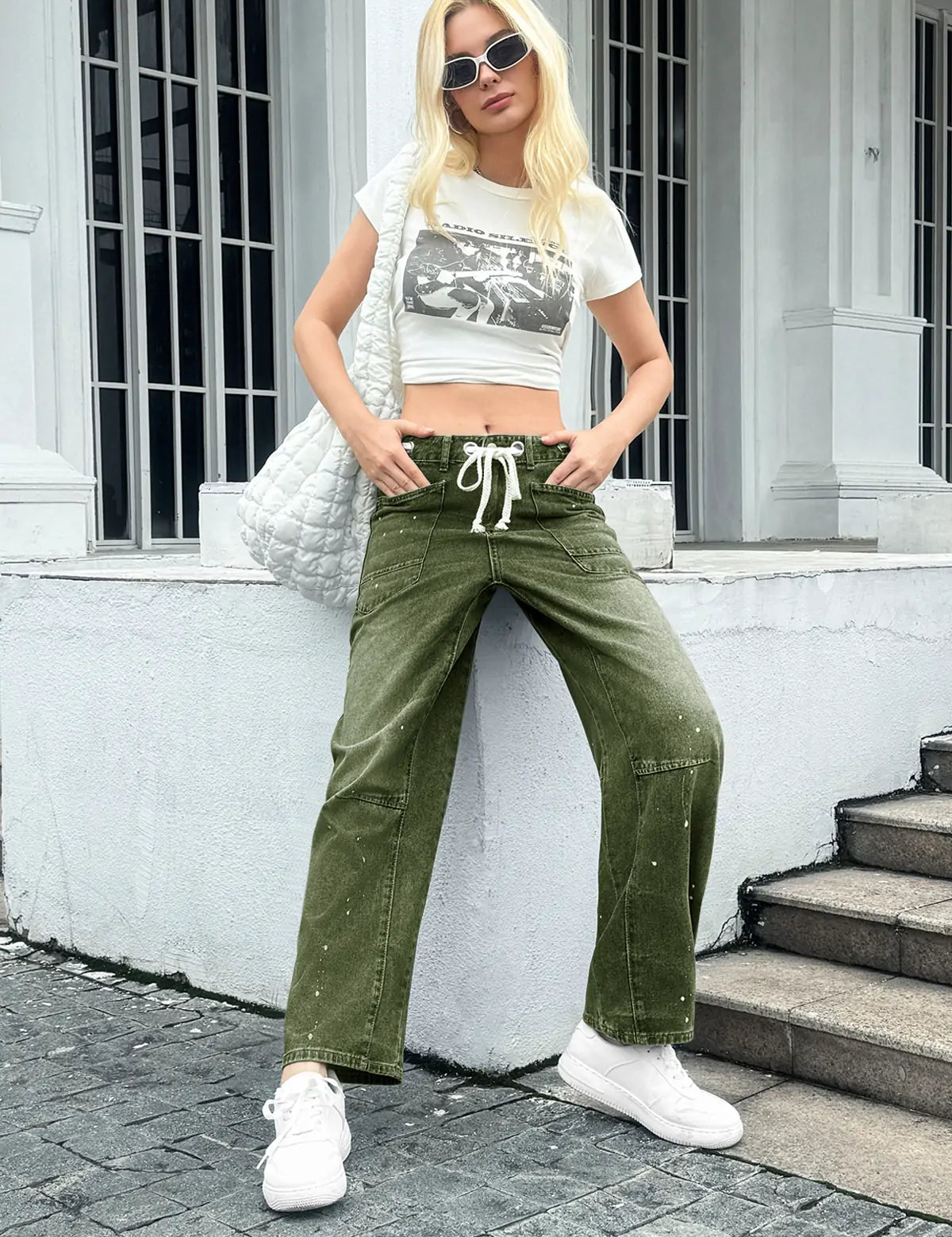 Womens Army Green Wide Leg Jeans 2