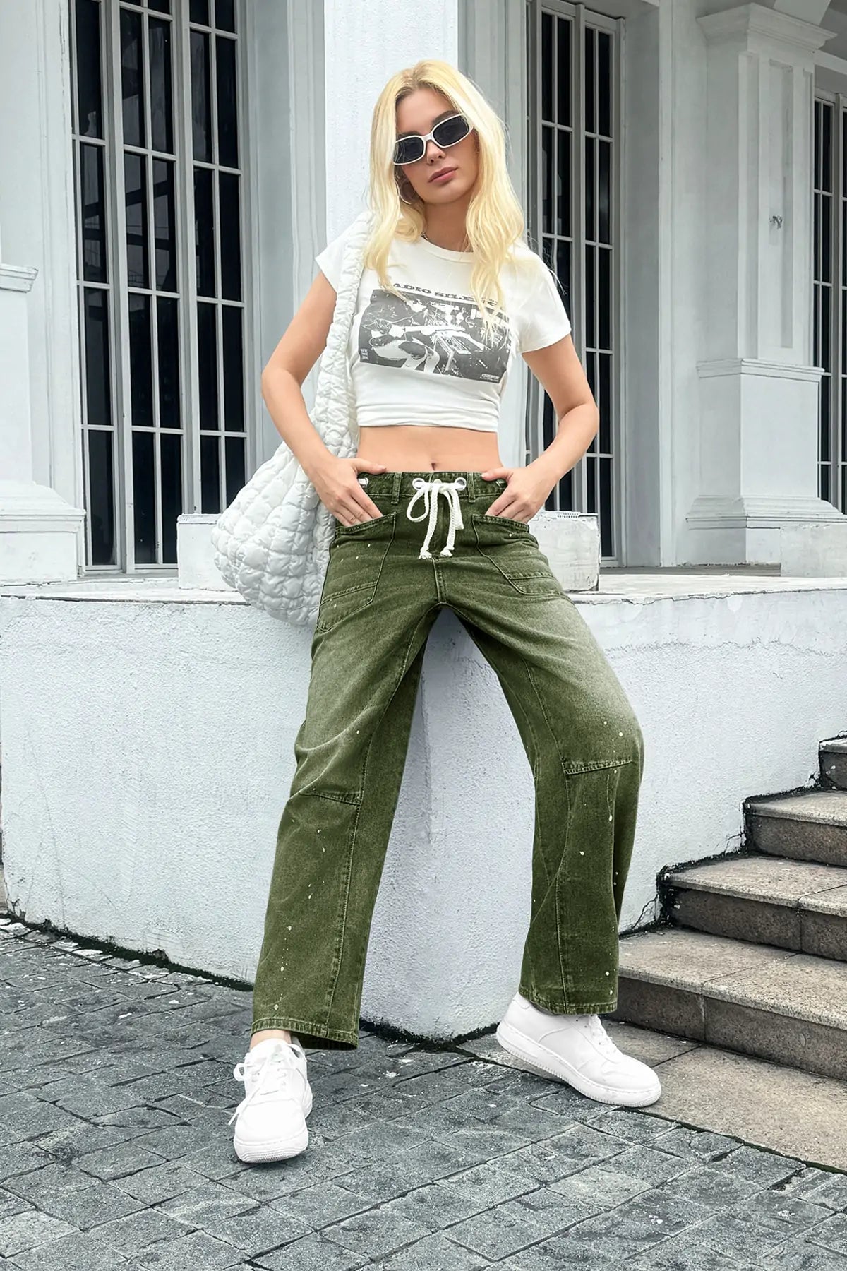 Womens Army Green Wide Leg Jeans 2