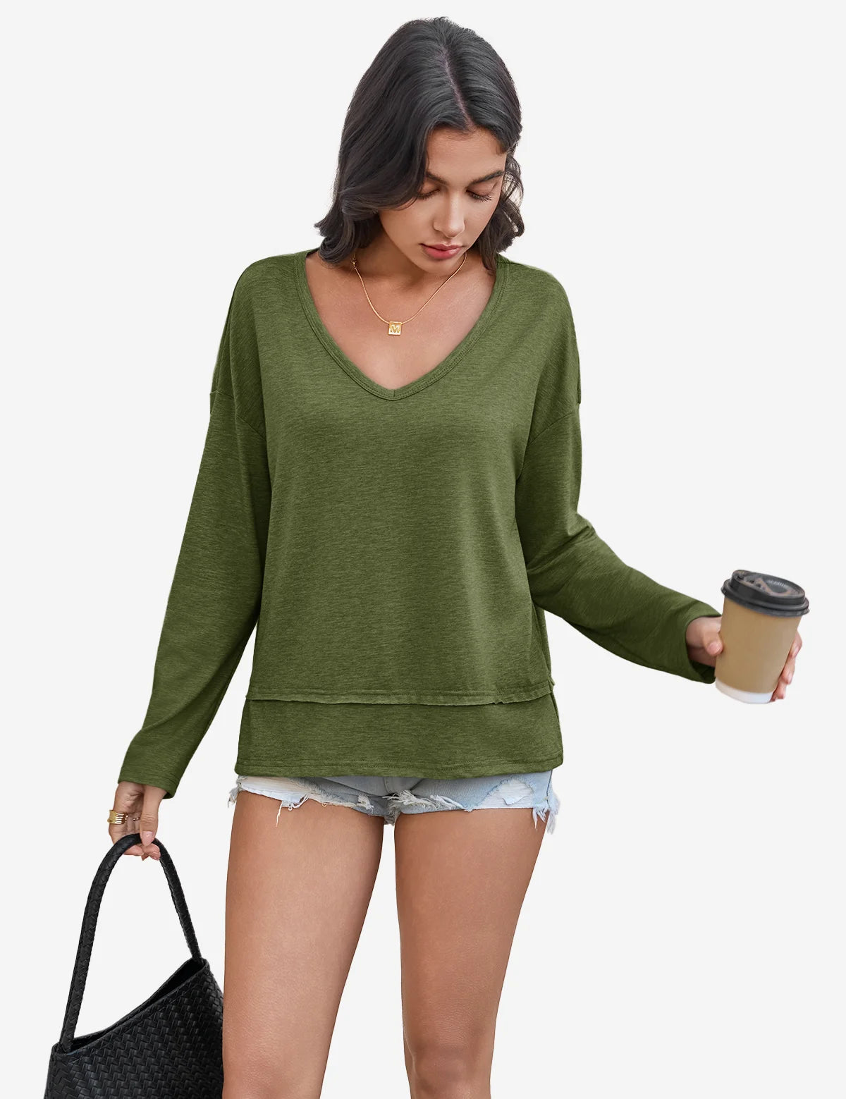 Womens Army Green Long Sleeve T Shirts 1