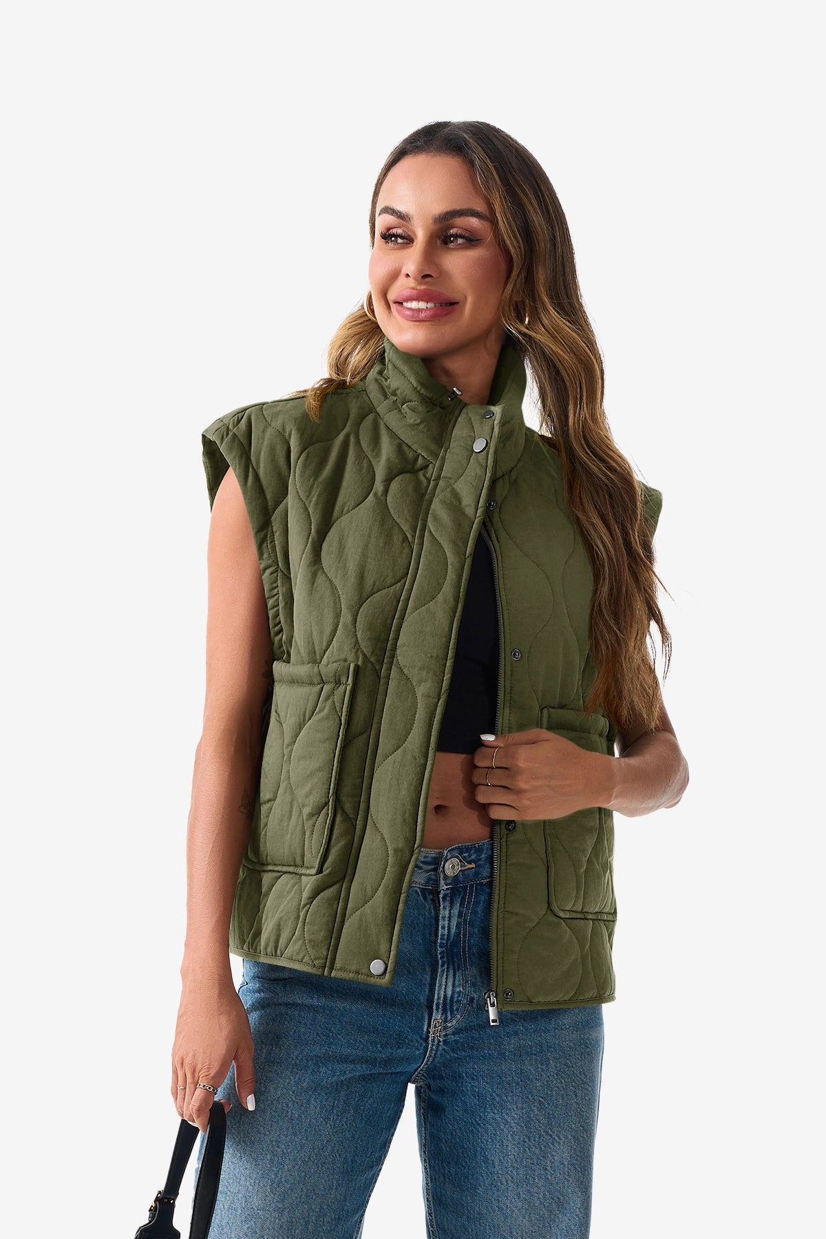 Womens Army Green Quilted Puffer Vest 1