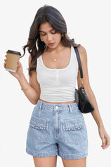 Womens Baby Blue Elastic High Waisted Jean Shorts 1