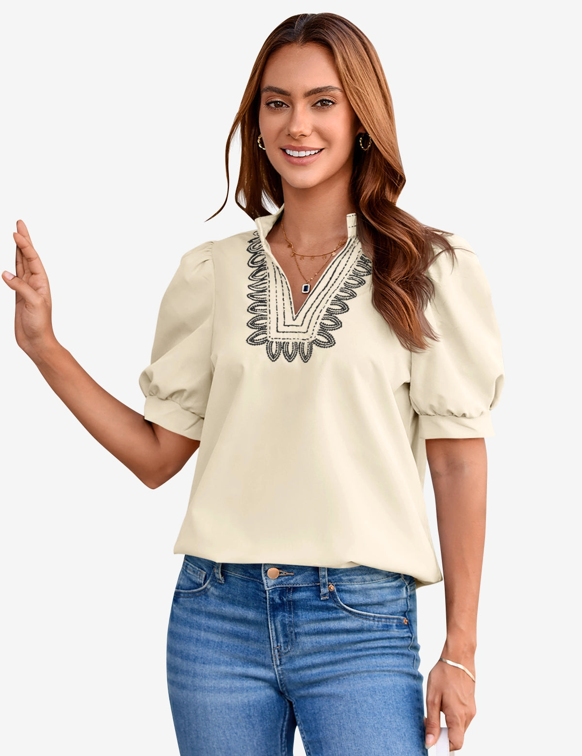 Womens Beige Puff Short Sleeve Blouses 1