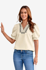Womens Beige Puff Short Sleeve Blouses 1