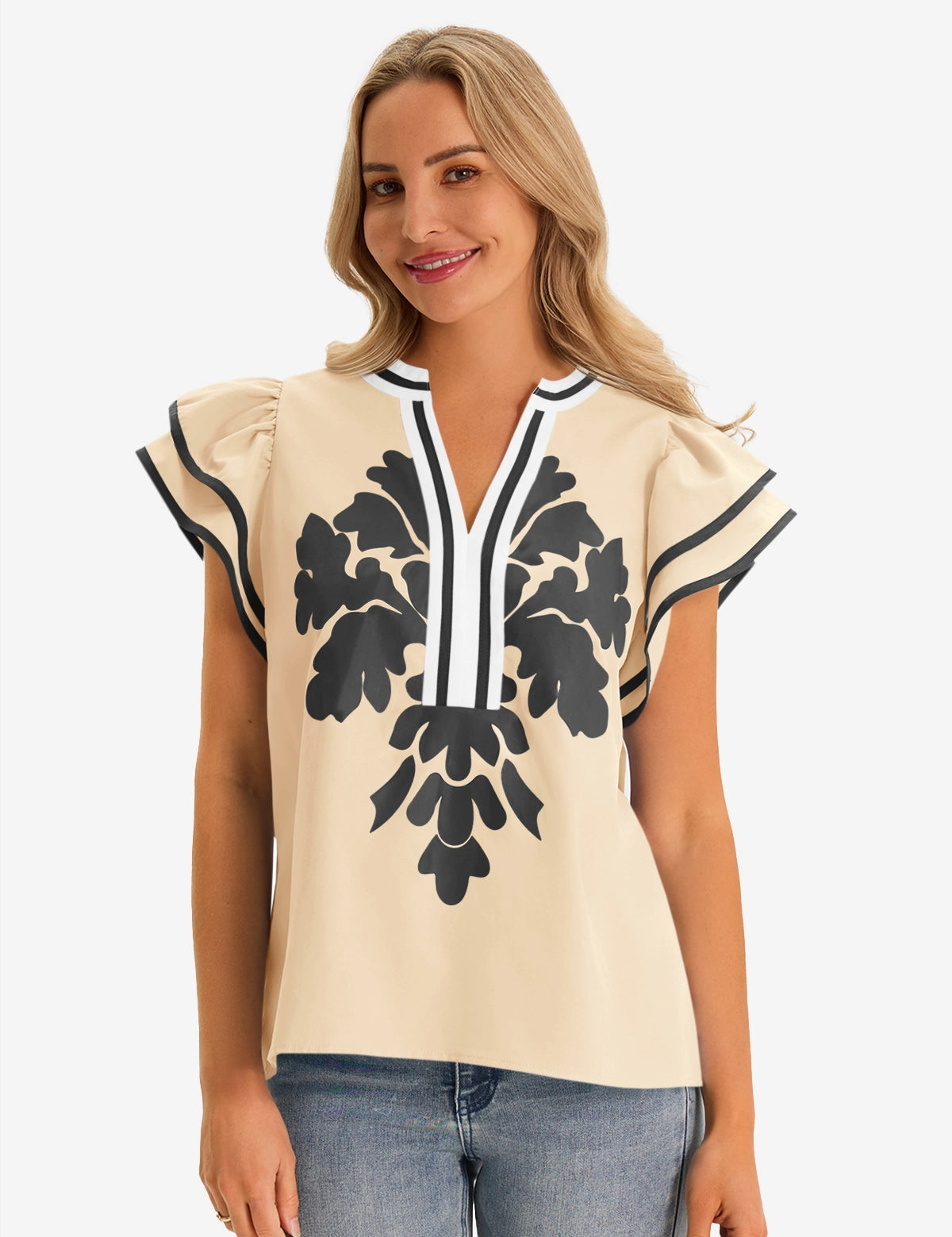 Womens Beige  Ruffle Blouses 1