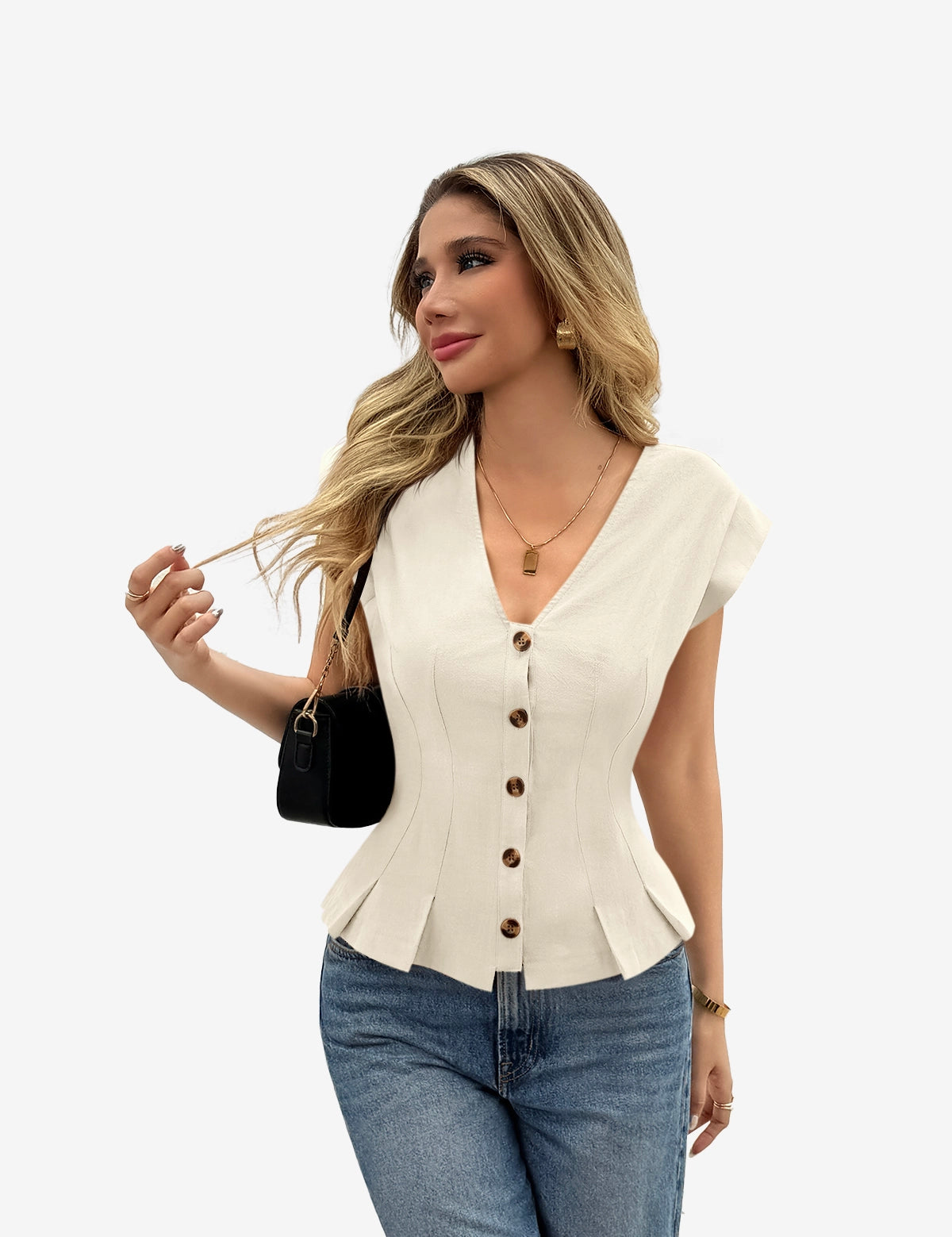 Womens Beige  Deep V Neck Vest 1