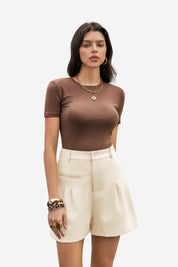 Womens Beige Wide Leg Dressy Shorts 1