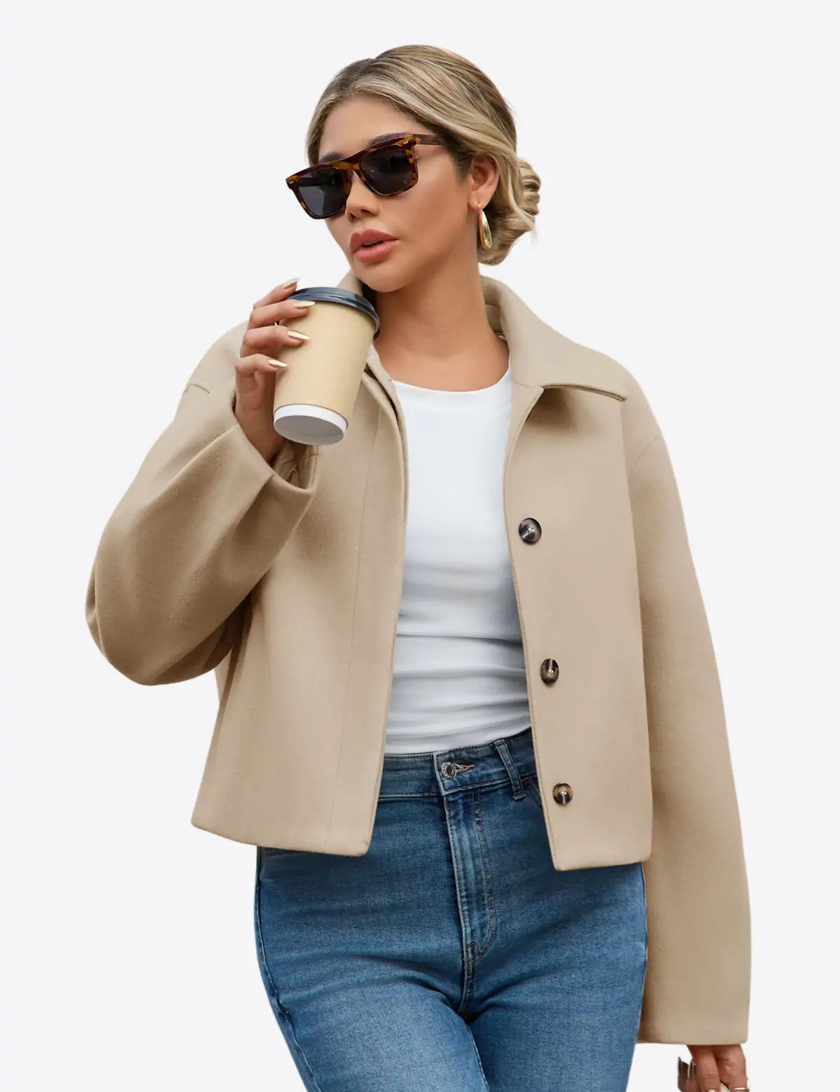 Womens Beige Cropped Pea Coat  1