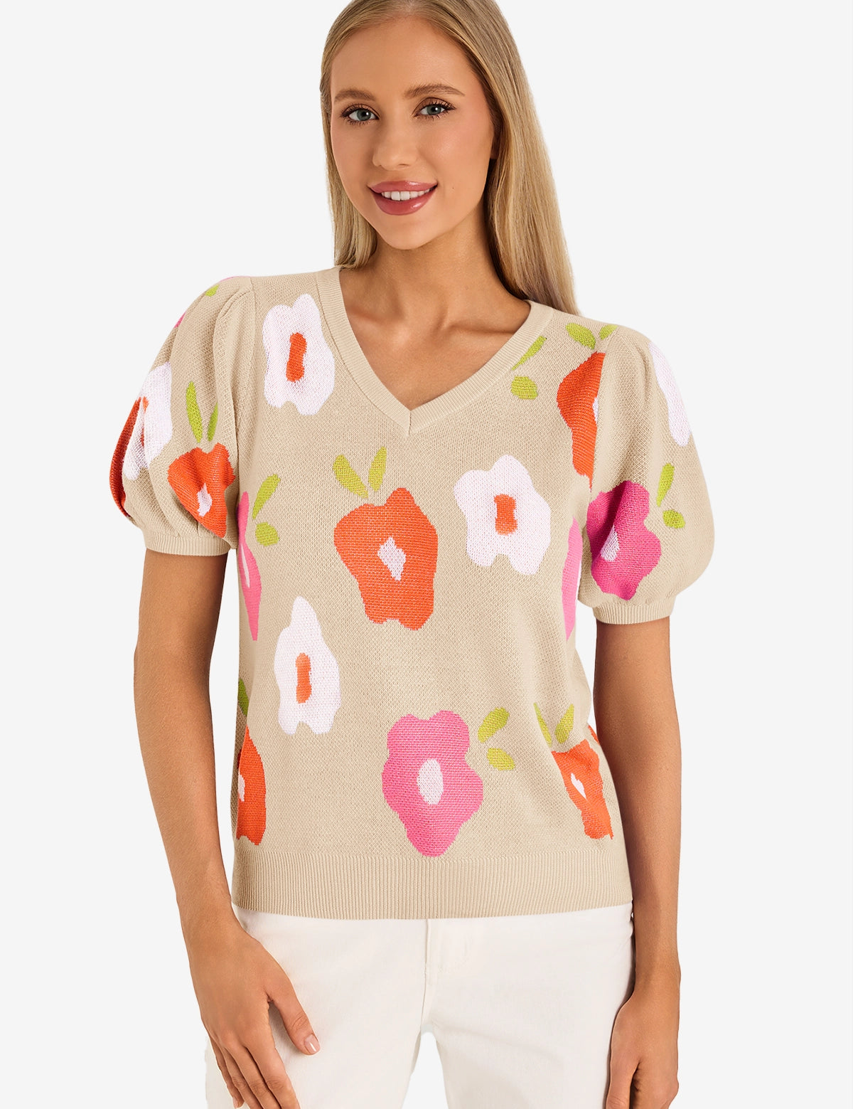 Womens Beige Floral Puff Short Sleeve Sweater