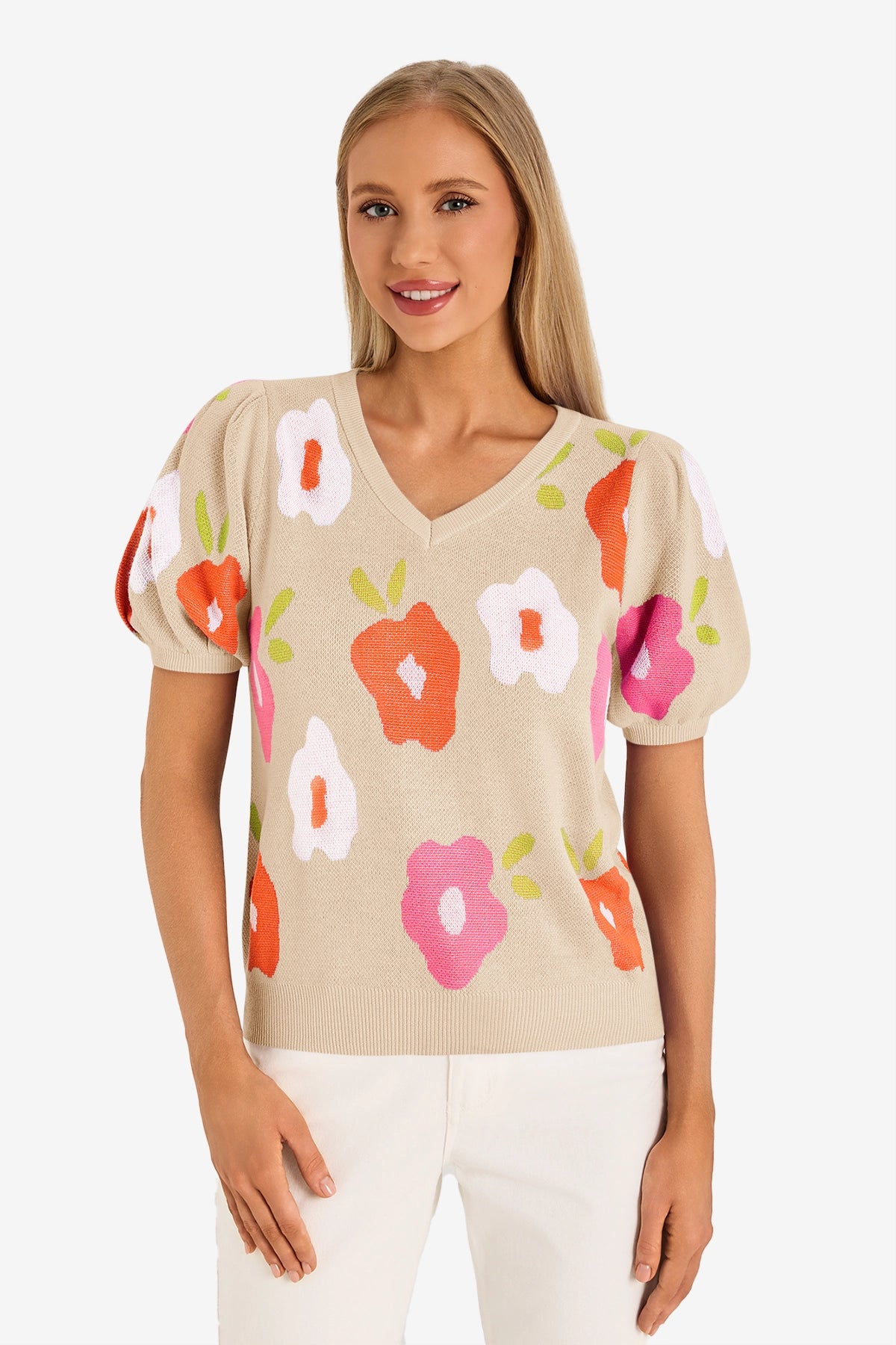 Womens Beige Floral Puff Short Sleeve Sweater