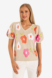 Womens Beige Floral Puff Short Sleeve Sweater