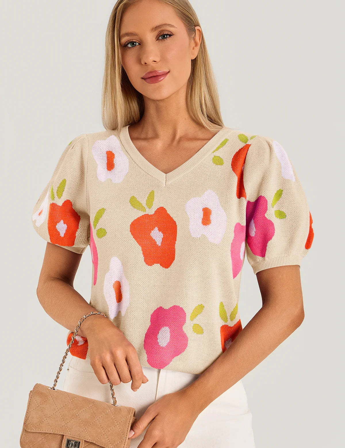Womens Beige Floral Puff Short Sleeve Sweater  2