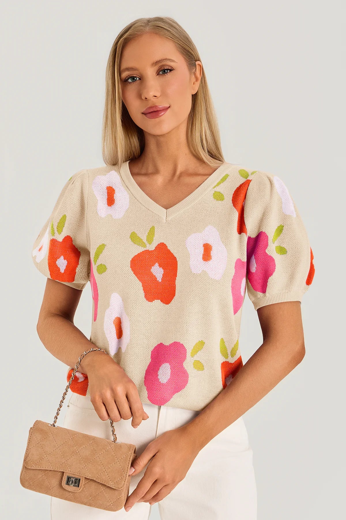 Womens Beige Floral Puff Short Sleeve Sweater  2