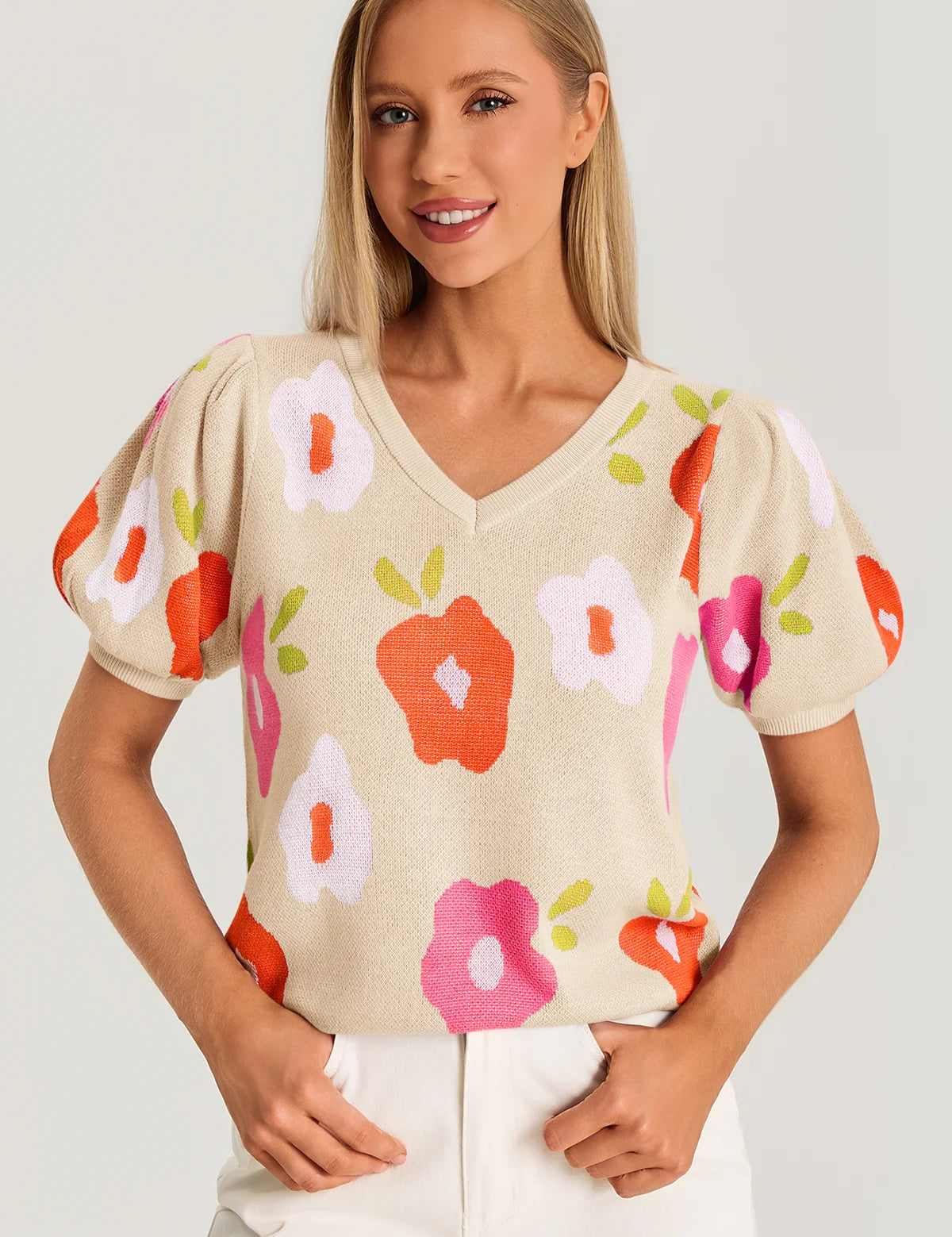 Womens Beige Floral Puff Short Sleeve Sweater 3