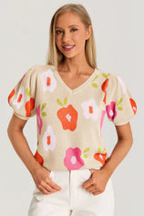 Womens Beige Floral Puff Short Sleeve Sweater 3