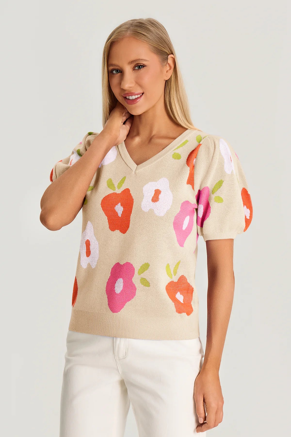 Womens Beige Floral Puff Short Sleeve Sweater | CicyBell