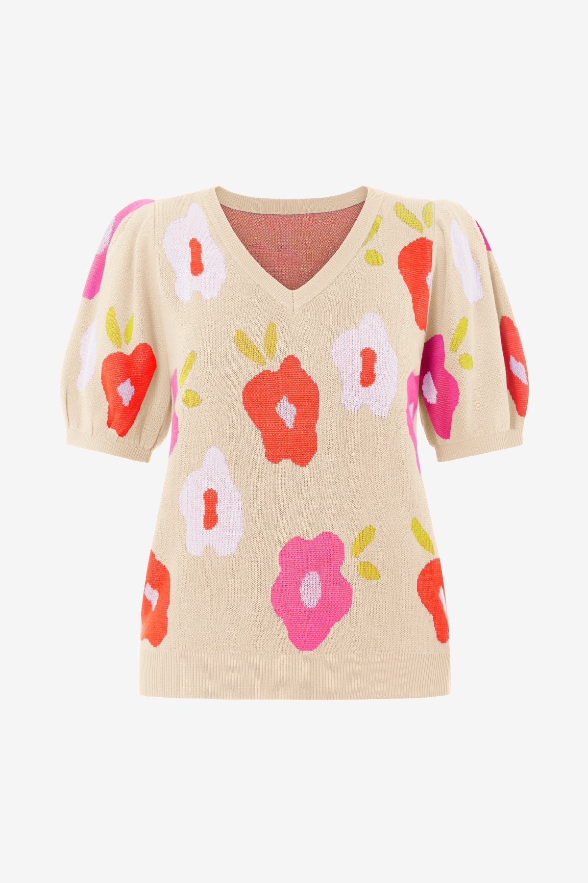 Womens Beige Floral Puff Short Sleeve Sweater | CicyBell