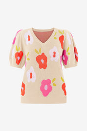 Womens Beige Floral Puff Short Sleeve Sweater | CicyBell