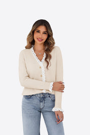Womens Beige  Lace V Neck Sweaters 1